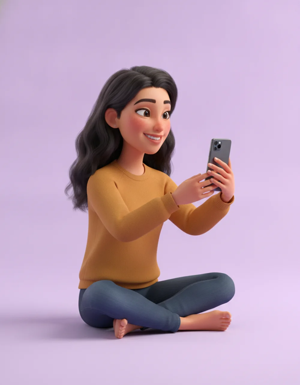 スマホを猫に向けて掲げる、あぐらをかいて座る若い女性