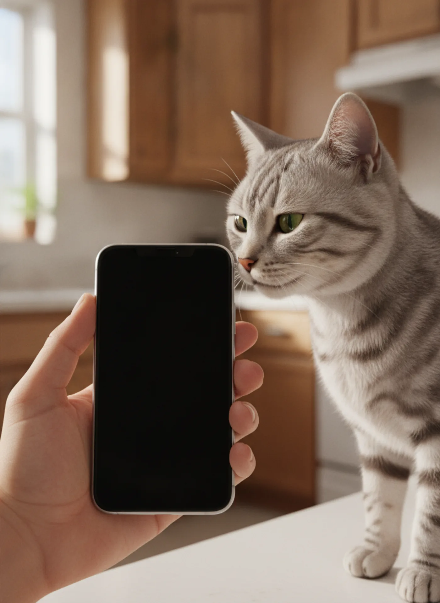 猫に向かってスマホを掲げる手