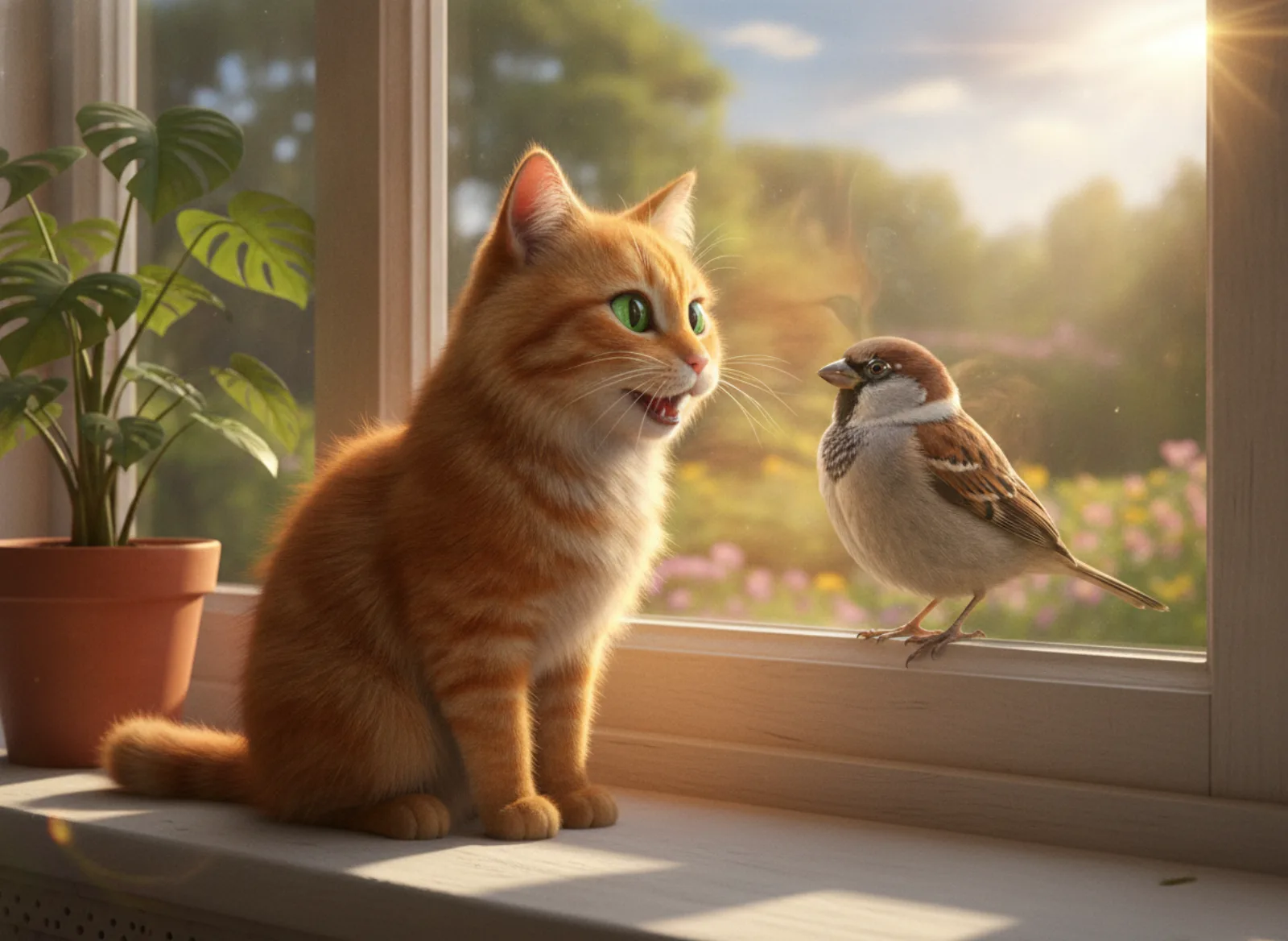 窓辺で外の鳥に向かってしゃべる猫