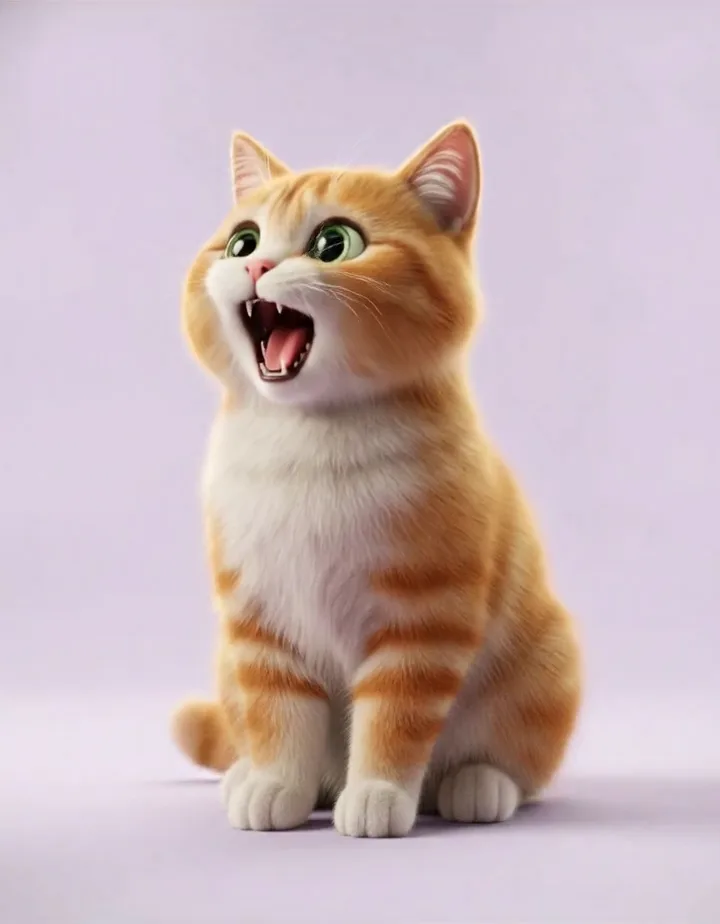 An orange tabby cat mid-meow, looking toward the woman